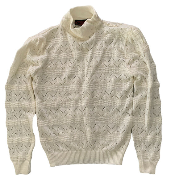 Vintage Exclusive Imports Womens Sweater Large Ivory Knit Pearls Pullover Mock - Picture 1 of 11